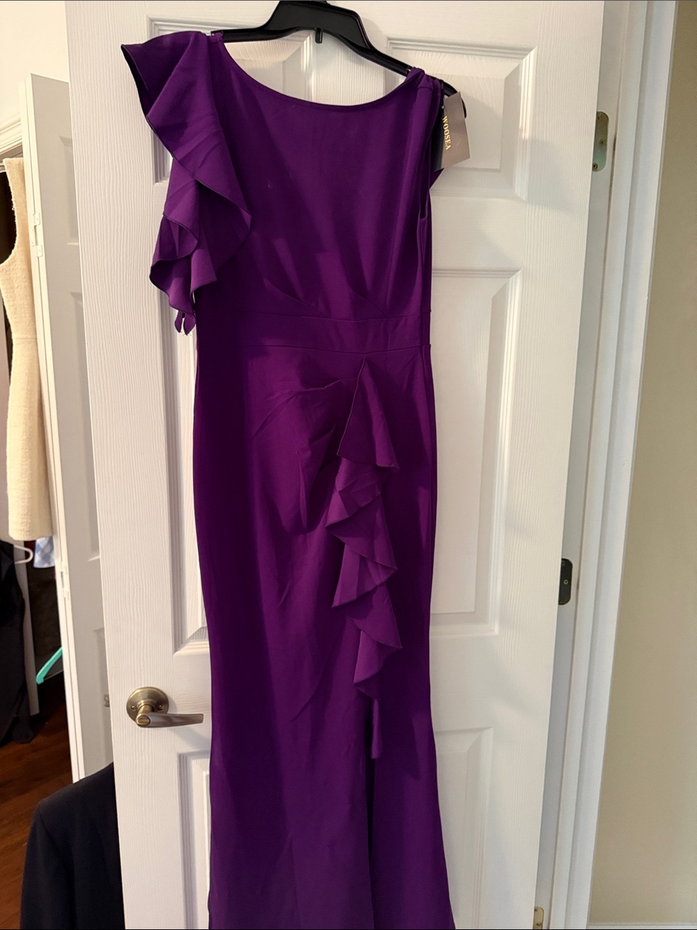 One-Shoulder Ruffle Formal Gown in Purple